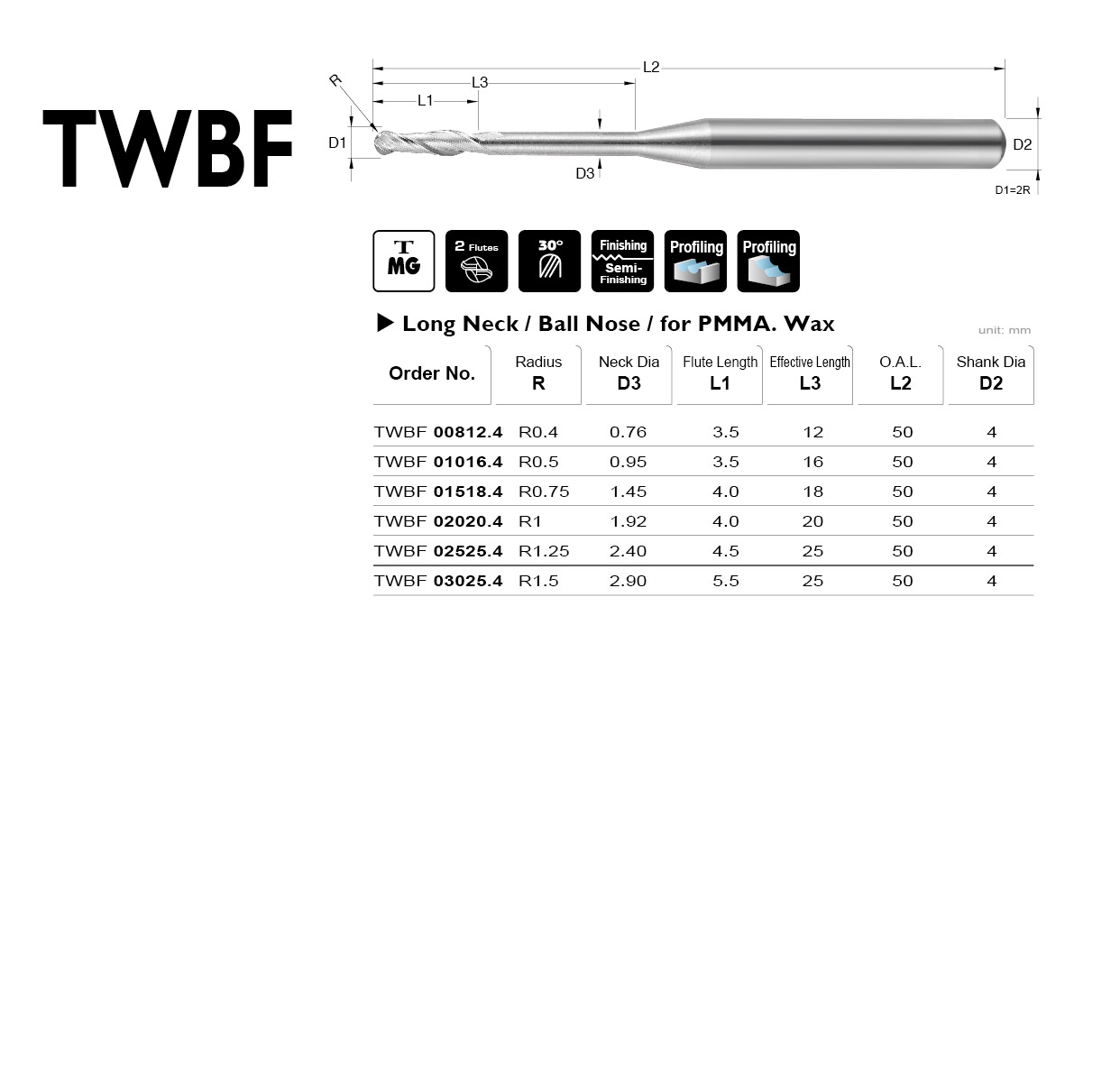 Ball End Mill,Dental,Long Neck,PMMA.Wax TWBF